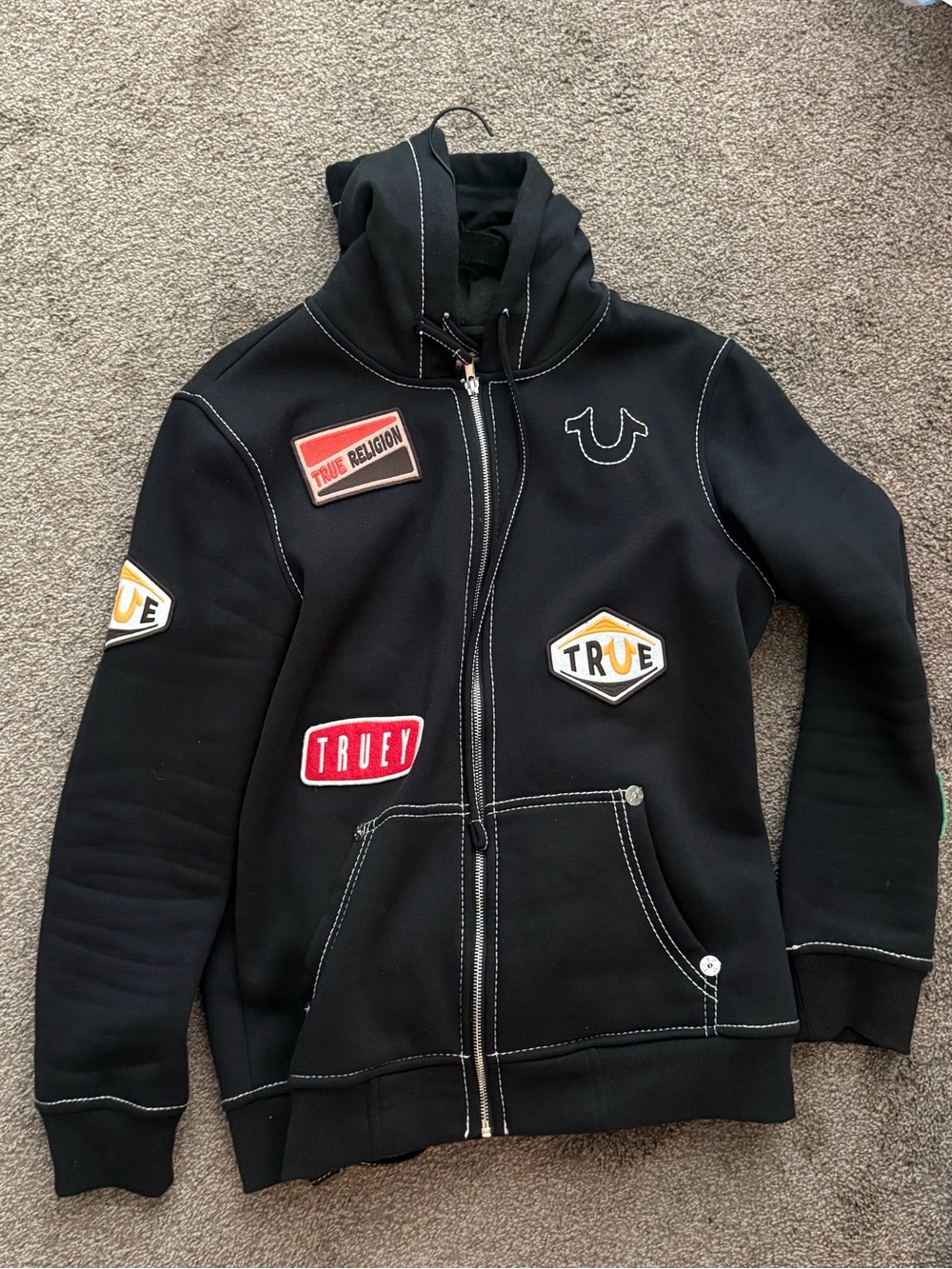 True Religion Black Zip-Up Hoodie with White Topstitching